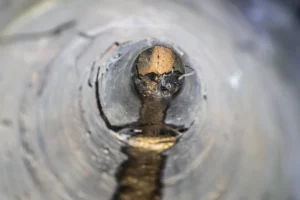 Tubo fognario danneggiato con perdita d’acqua